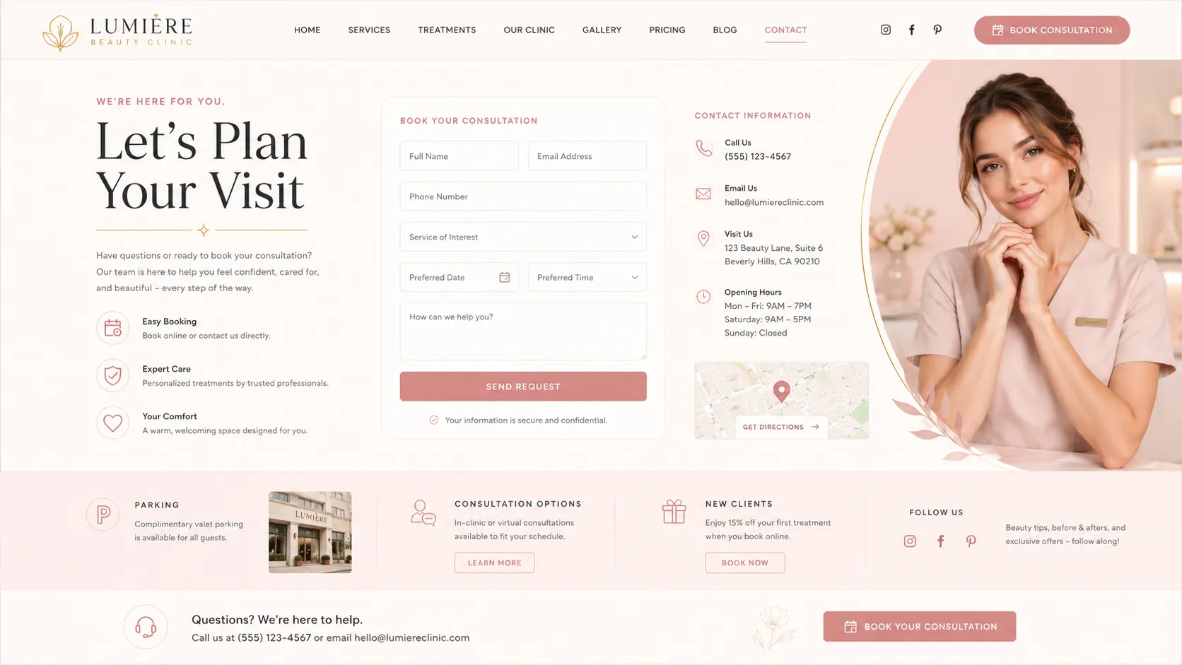 Beauty clinic contact and location website page