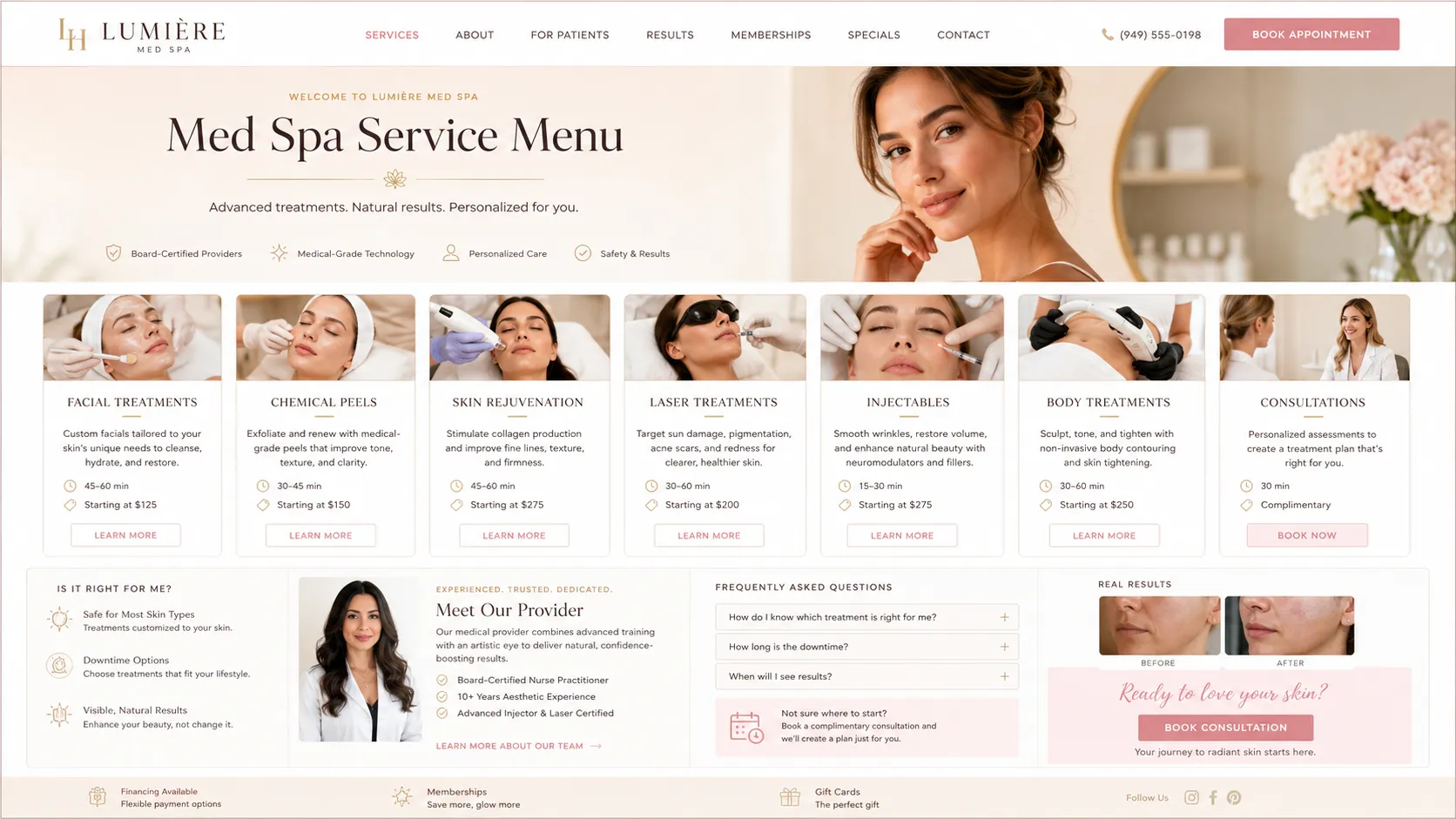Med spa service menu website page