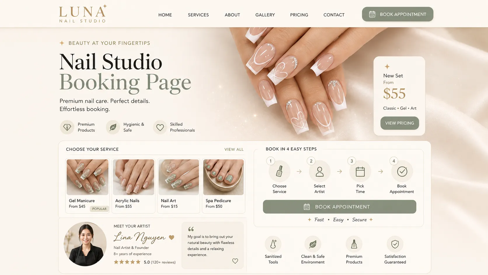 Nail studio online booking website page