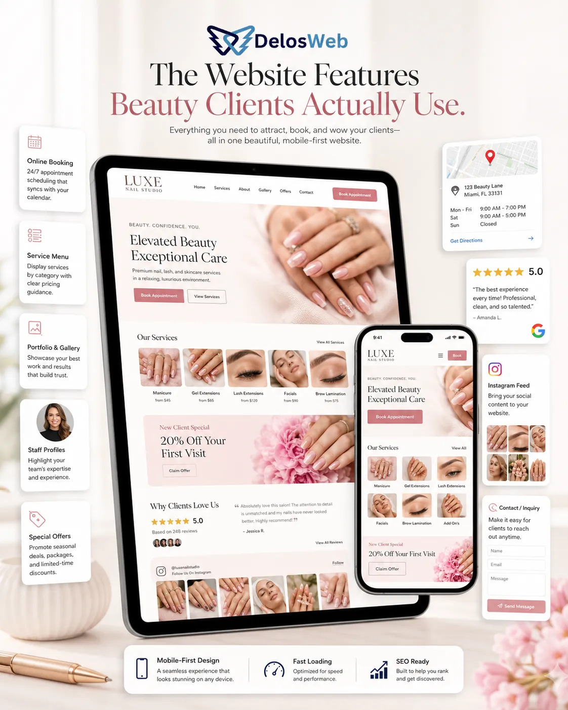 Salon website service menu layout with organized beauty treatments