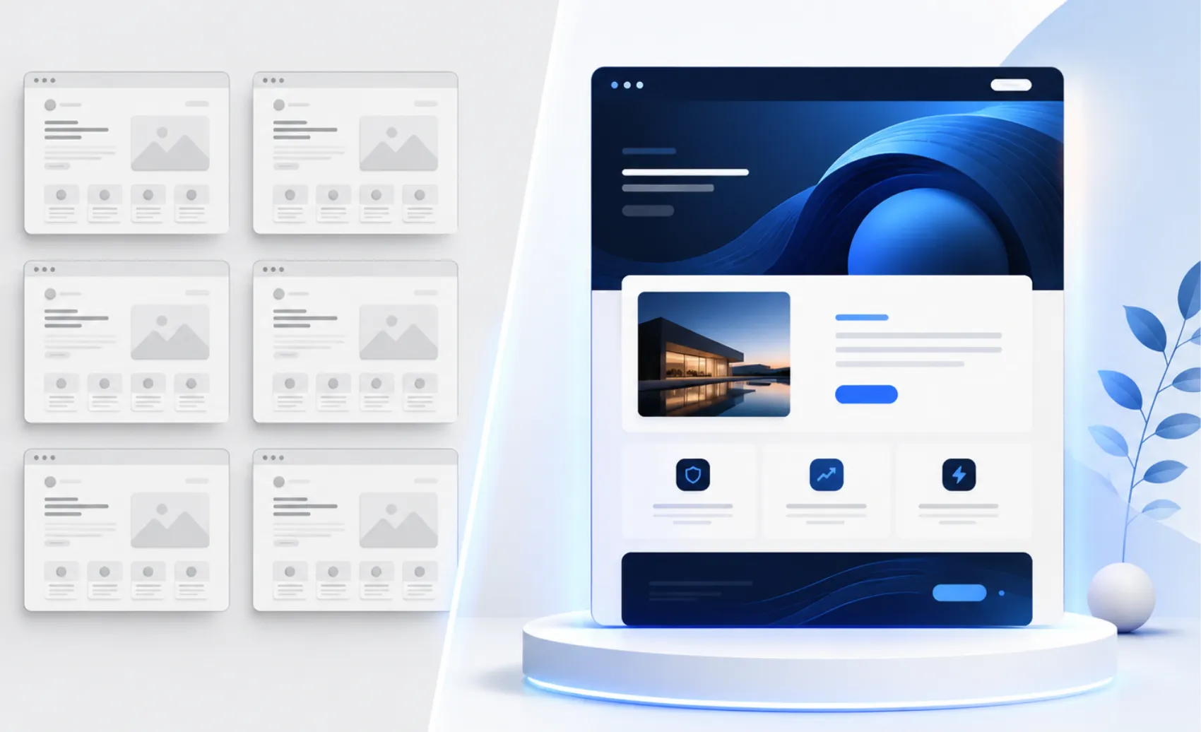 Template versus custom contractor website comparison showing a generic layout beside a branded website designed to convert leads