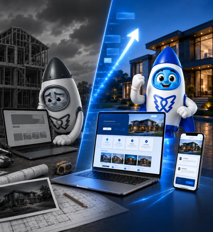 Contractor website redesign graphic showing a generic construction website upgraded into a modern professional lead generation website