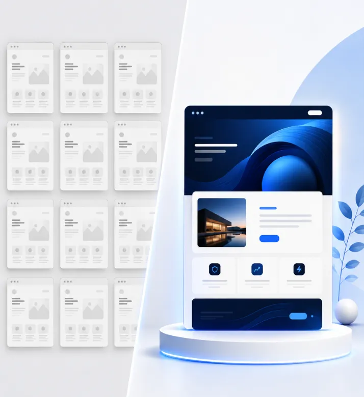 Template versus custom contractor website comparison showing a generic layout beside a branded website designed to convert leads