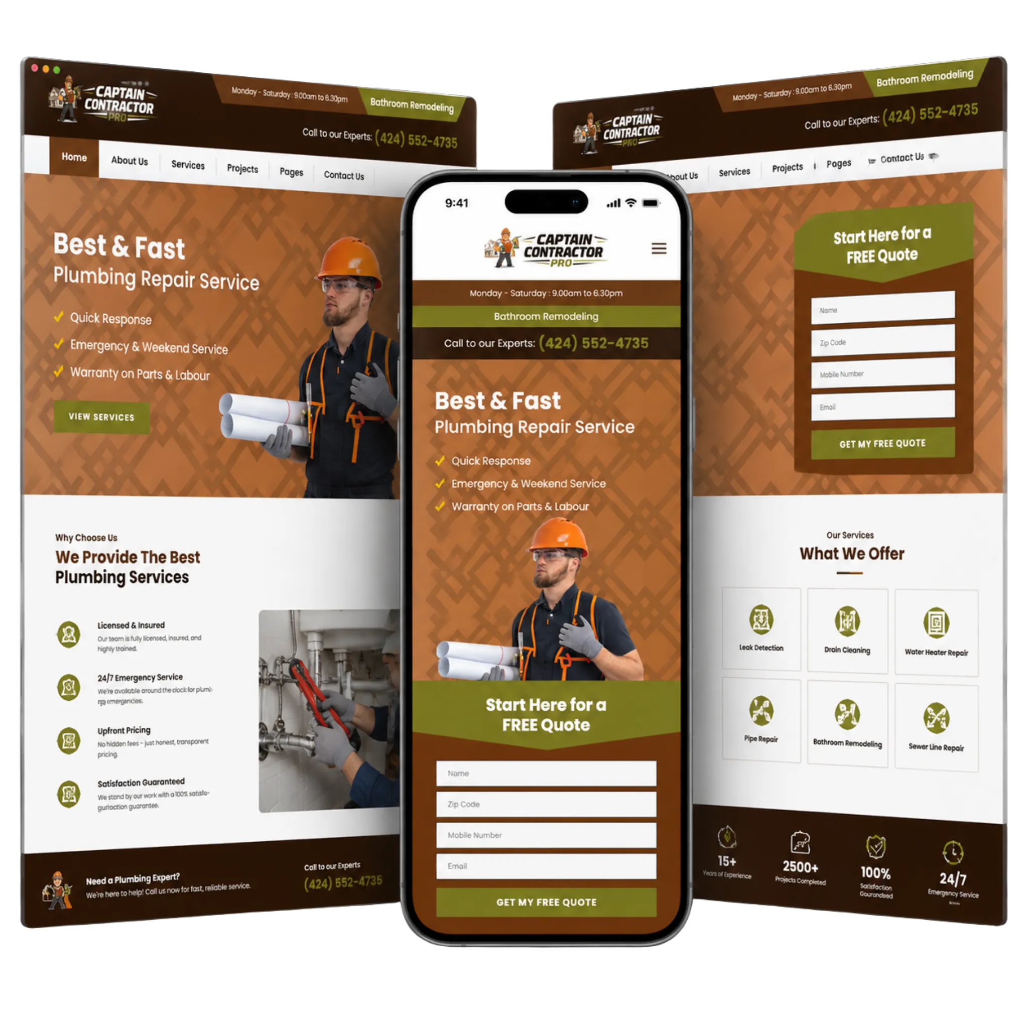 Captain Contractor Pro ready-to-go website mockup with responsive contractor service pages