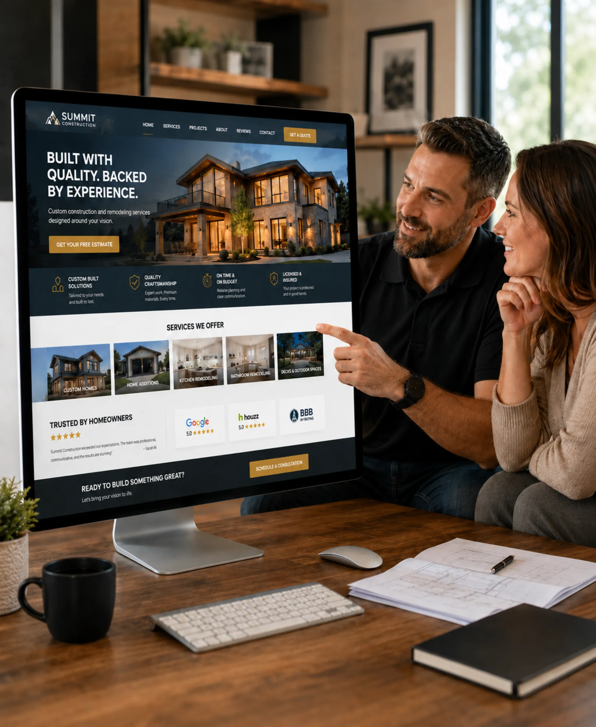 Contractor website layout showing service sections, trust signals, project examples, and quote request flow