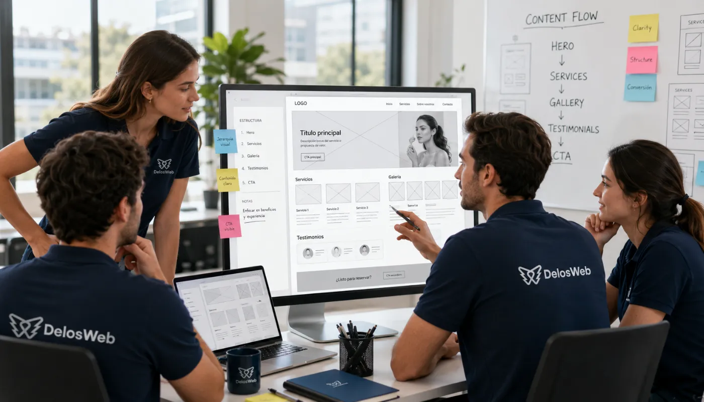 DelosWeb team reviewing website wireframes, content layout, page sections, and branded design direction during a web design planning session
