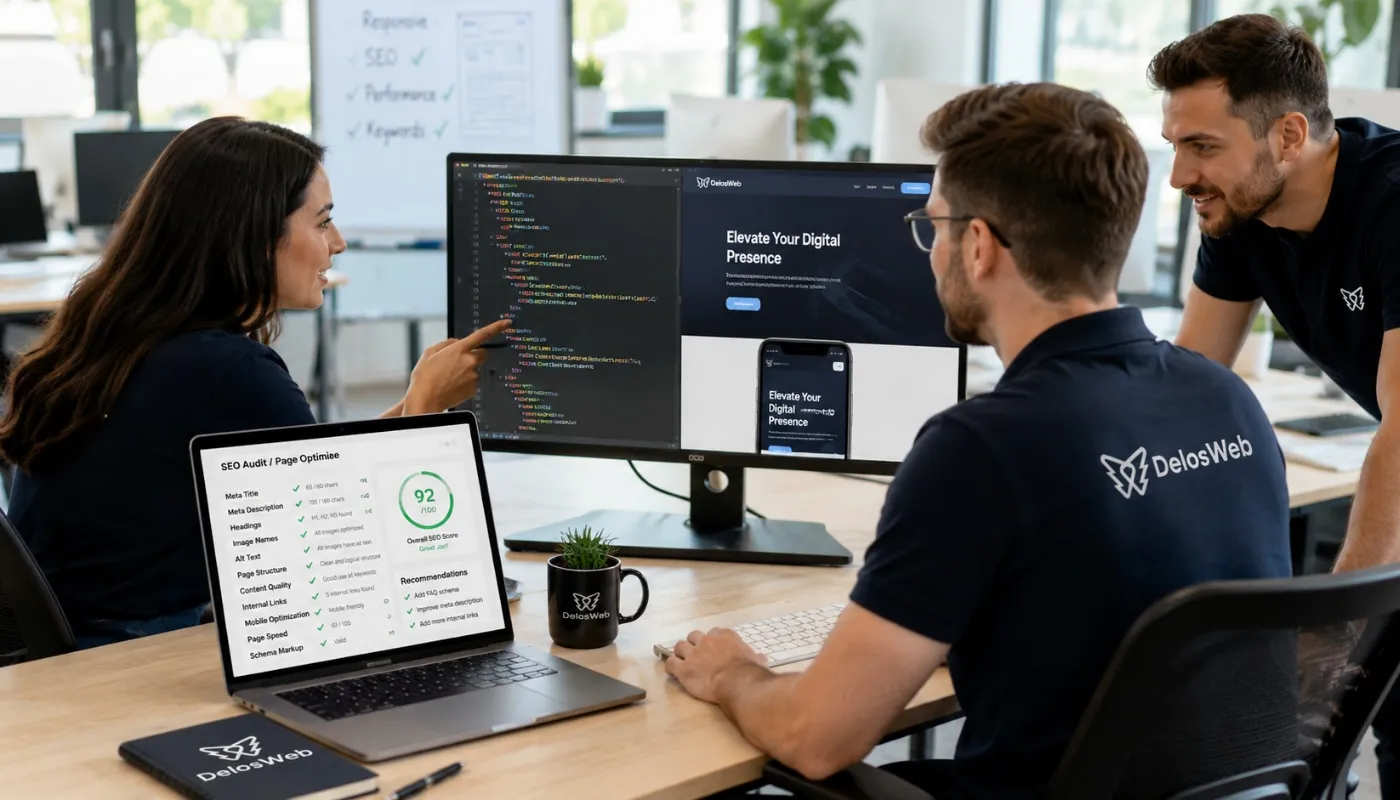 Developer workspace showing responsive website development, SEO checklist, image names, headings, content improvements, and clean code setup