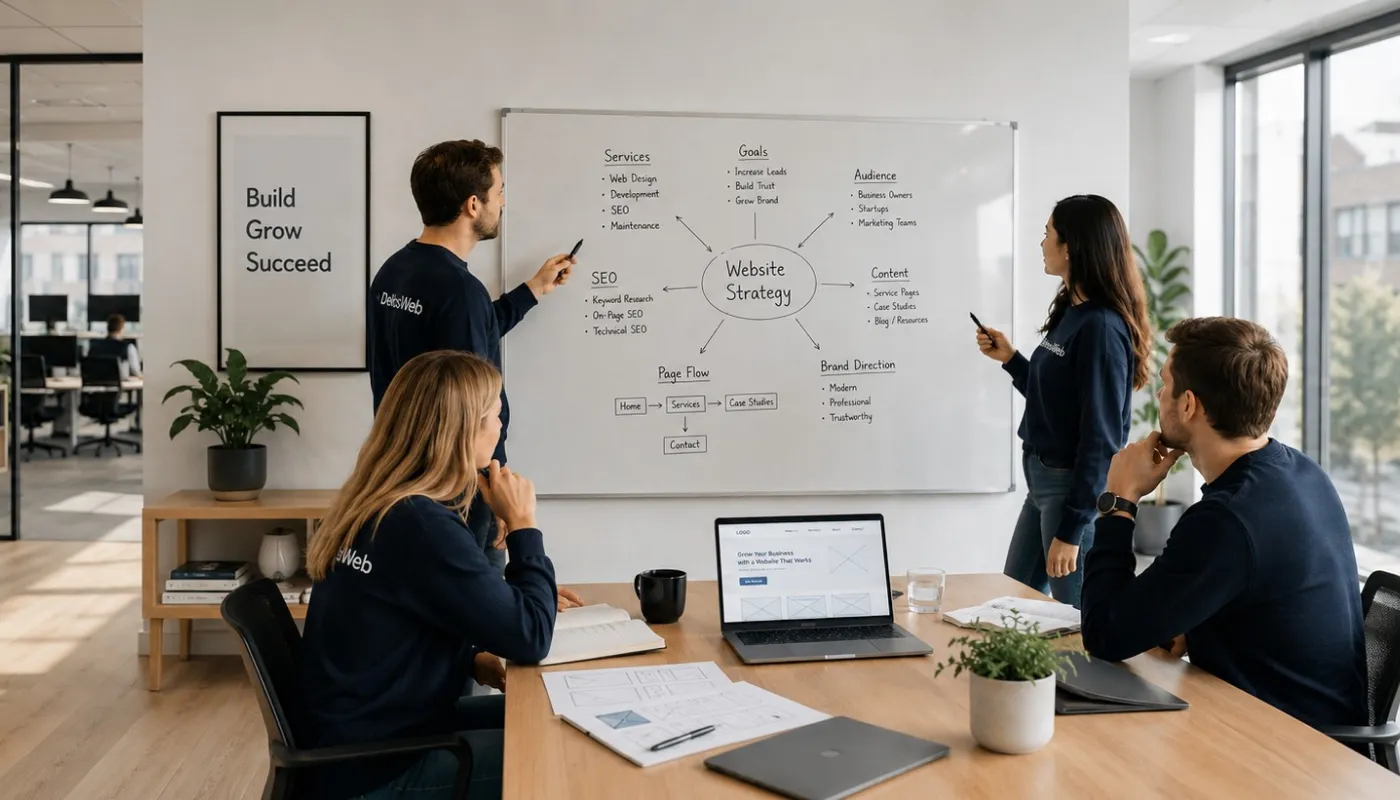 DelosWeb team brainstorming website strategy on a whiteboard with services, goals, audience, SEO, content, page flow, and brand direction