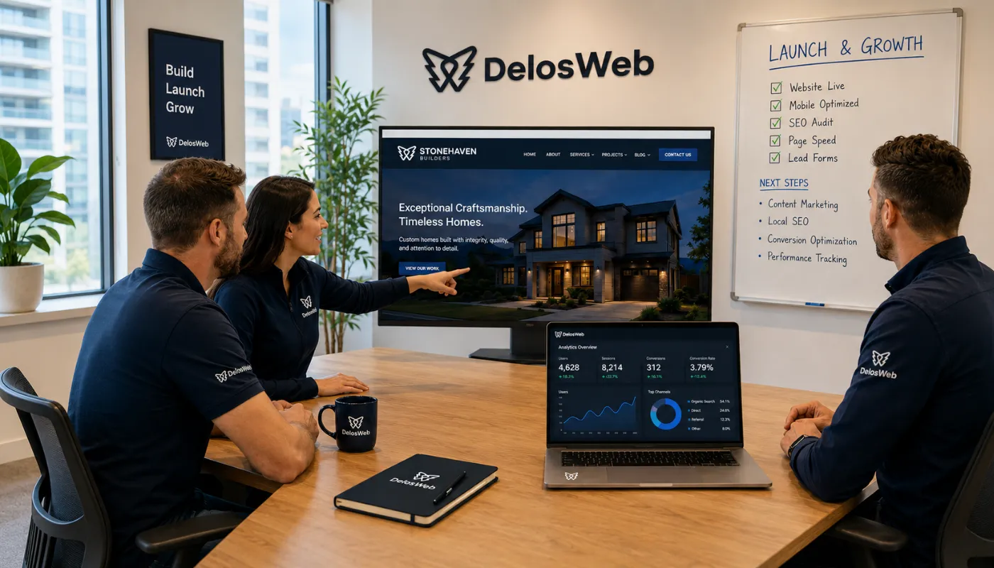 Team reviewing a live website launch with analytics dashboard, SEO audit, mobile optimization, page speed, lead forms, and growth next steps