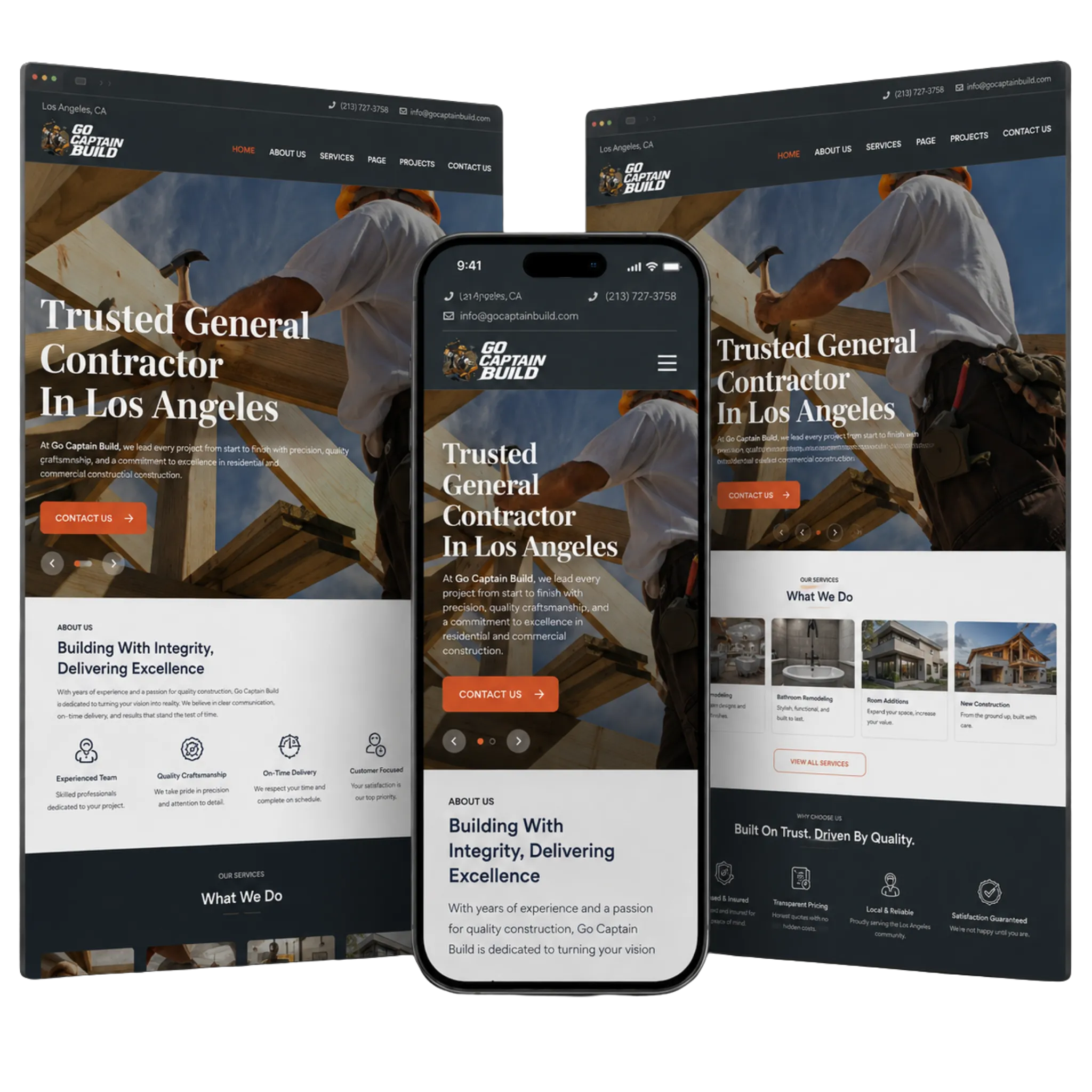 Go Captain Build ready-to-go website mockup showing a general contractor website with responsive layouts