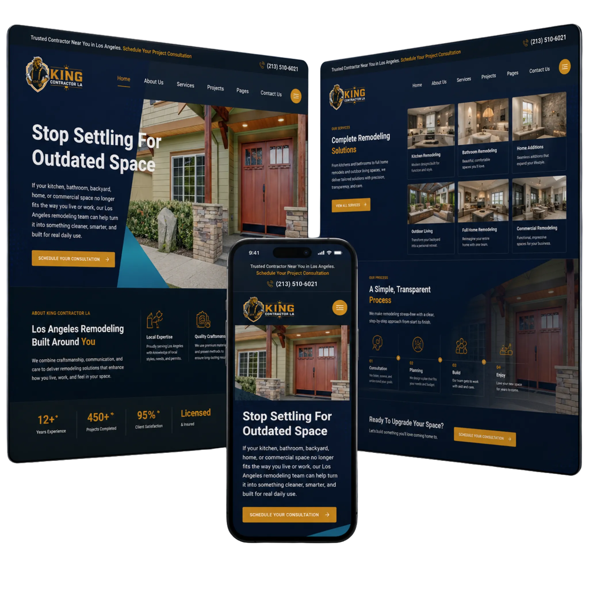King Contractor LA ready-to-go website mockup with dark premium remodeling and contractor website design