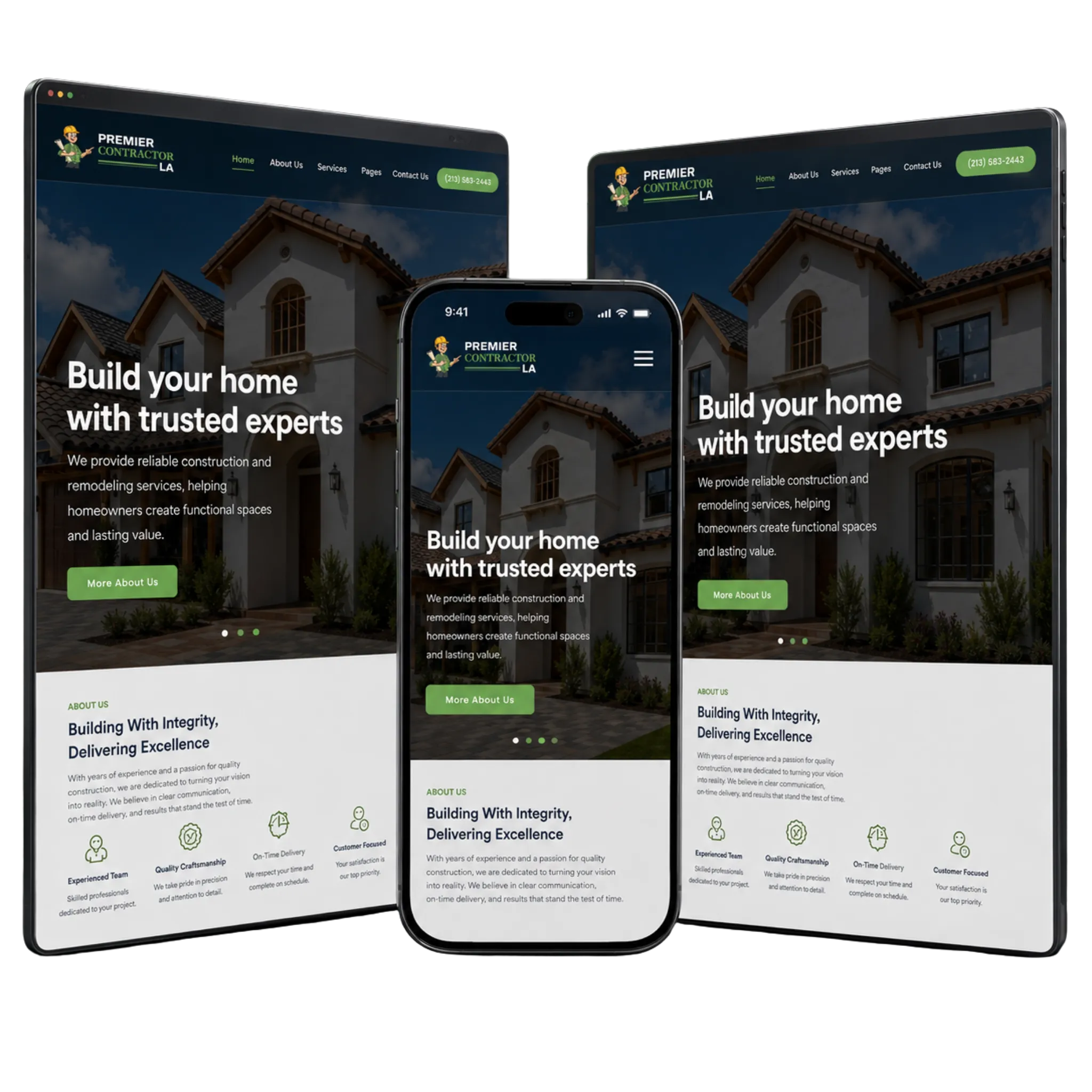 Premier Contractor LA ready-to-go contractor website mockup showing a responsive contractor website design
