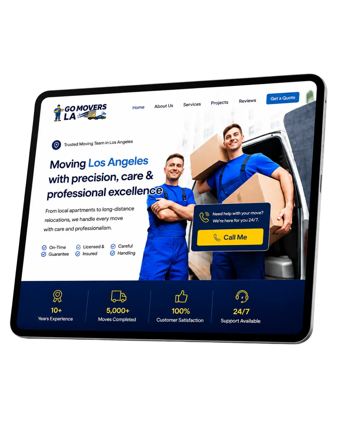 Home service website design example showing mobile booking, call-now button, pricing, and a quote form