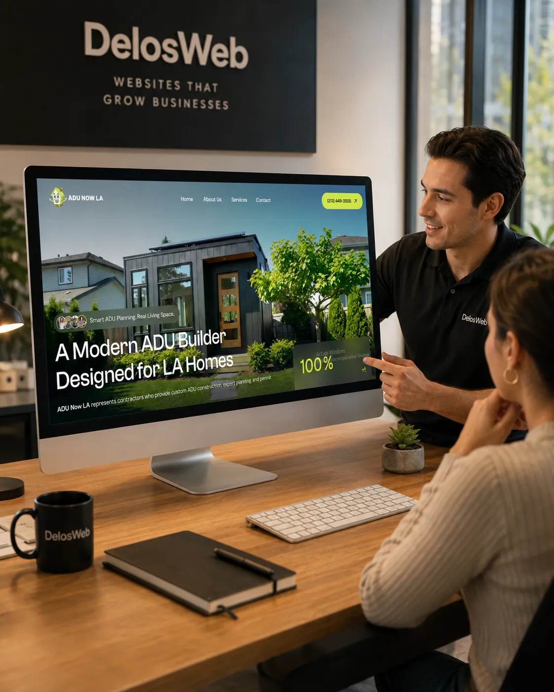 Home service website mockup showing service pages, quote form, reviews, service areas, and mobile layout