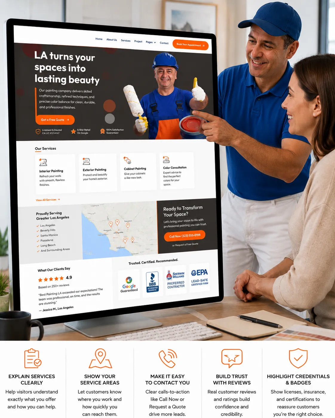 Home service website design preview showing service booking, mobile layout, and local trust sections
