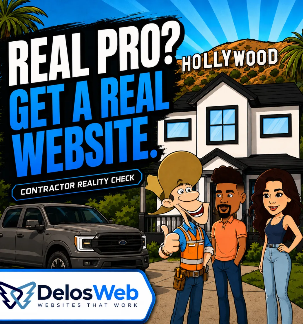 DelosWeb cartoon video thumbnail showing a contractor reality check about getting a real website for business growth