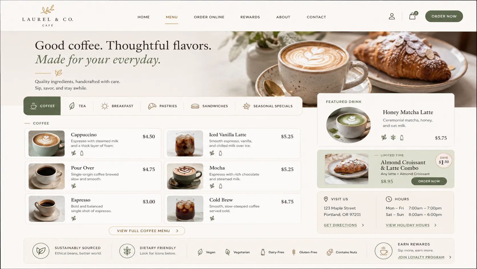 Cafe digital menu website page