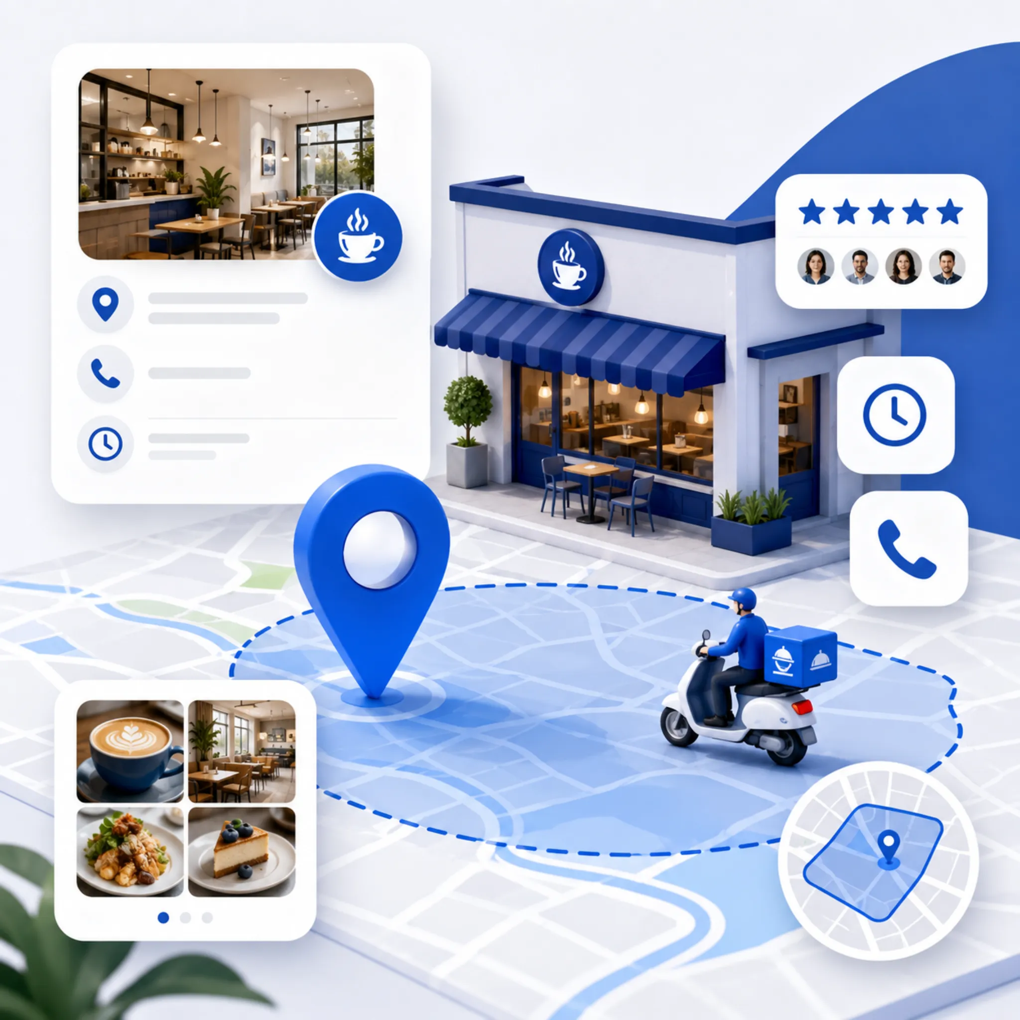 Local business website visual showing map visibility, location pin, reviews, hours, contact options, and business photos