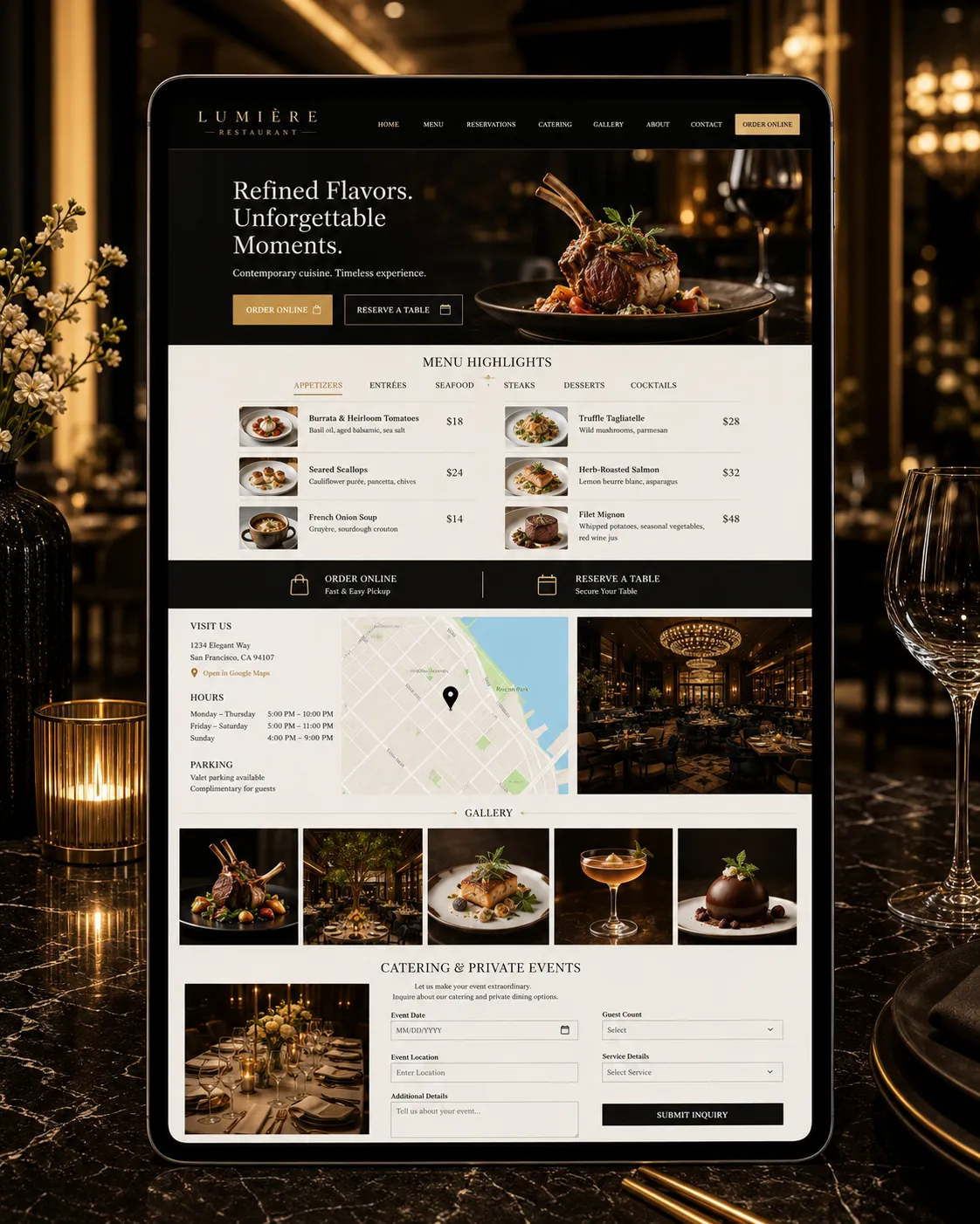 Local restaurant website menu, ordering, maps, gallery, and catering inquiry interface