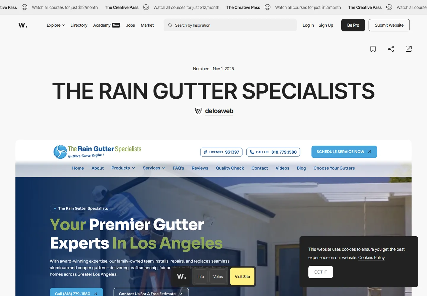 The Rain Gutter Specialists nomination page on Awwwards