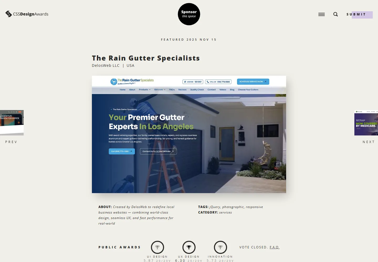 The Rain Gutter Specialists nomination page on CSS Design Awards