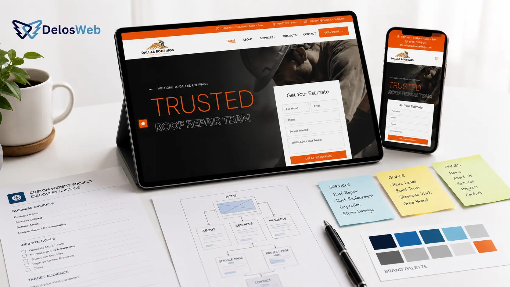 Custom website process planning scene showing DelosWeb reviewing a roofing website mockup, project intake form, sitemap wireframe, service notes, goals, pages, and brand palette