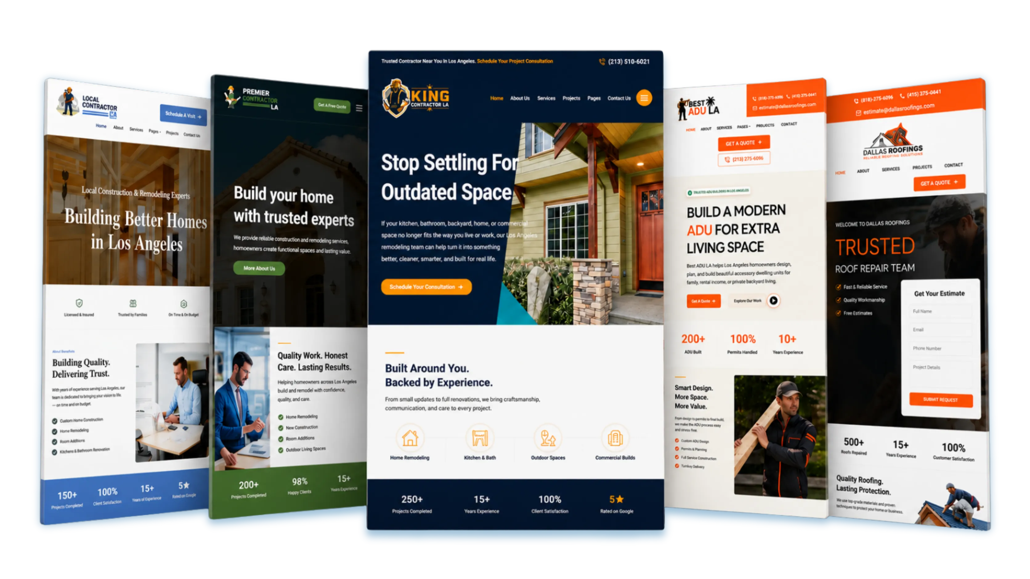 Ready-to-Go contractor website mockup gallery showing multiple construction and home service website designs in a symmetrical white background presentation