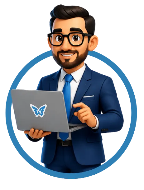 DelosWeb business owner mascot holding a laptop for local business website design