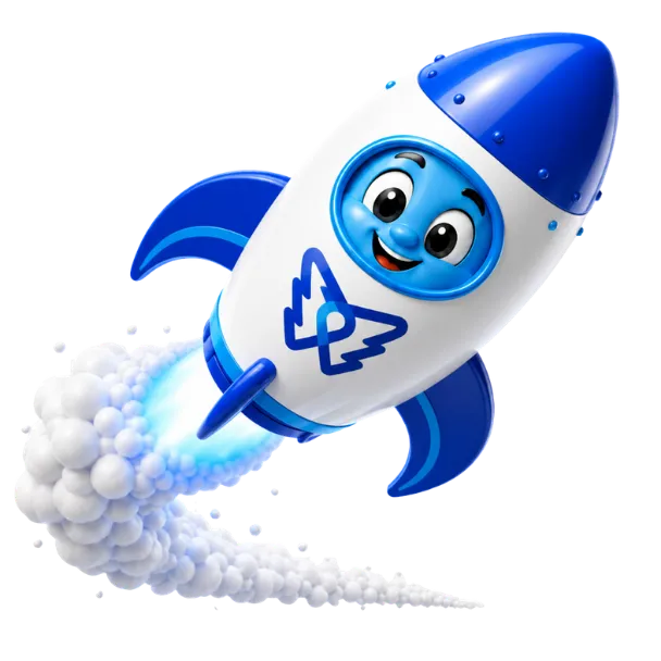 DelosWeb rocket mascot flying through a beauty website showcase section
