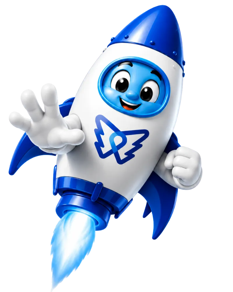 DelosWeb rocket mascot flying above home service website industry cards