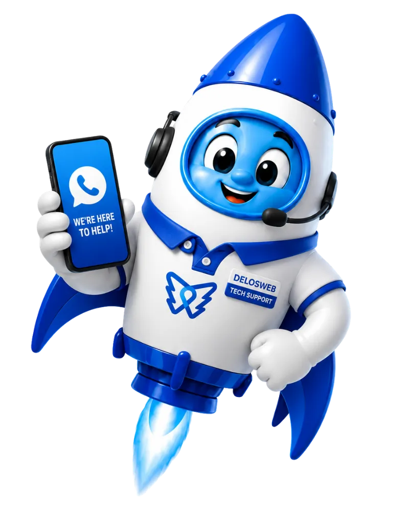 DelosWeb rocket mascot ready to answer website questions
