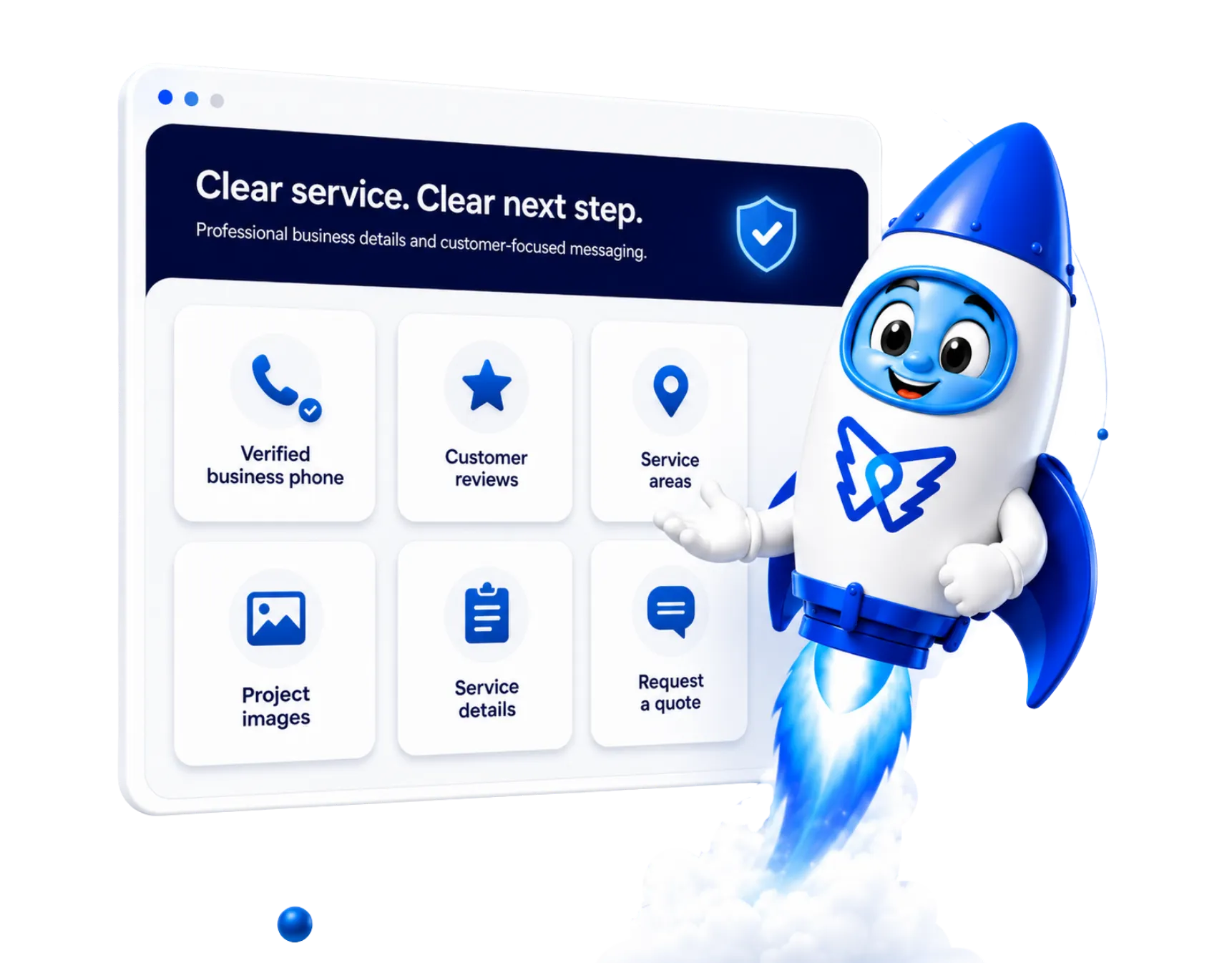 DelosWeb rocket mascot presenting a professional website with business trust signals